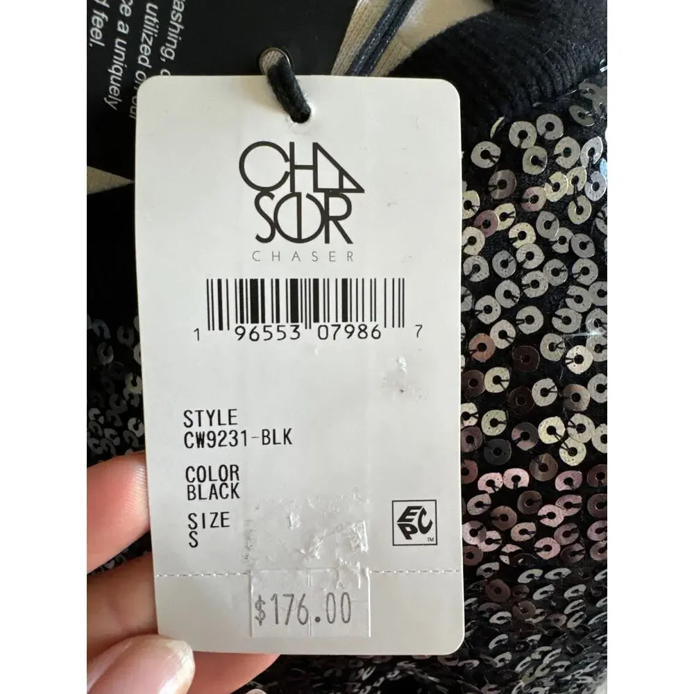 CHASER Cotton Fleece Allover Sequin Crewneck Pullover Size SMALL Oversized NWT